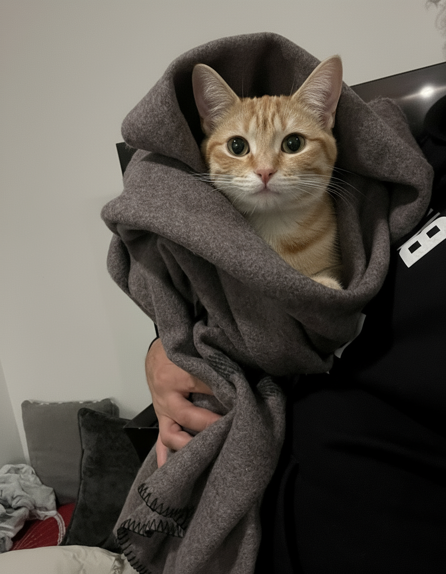 Cat wrapped in a gray blanket held by a person against a neutral background