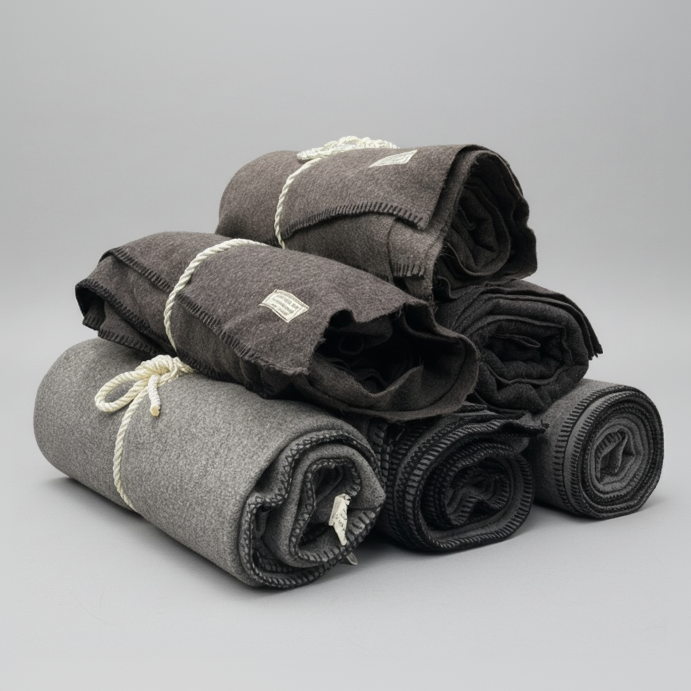 Stack of folded gray and black blankets on a light gray background