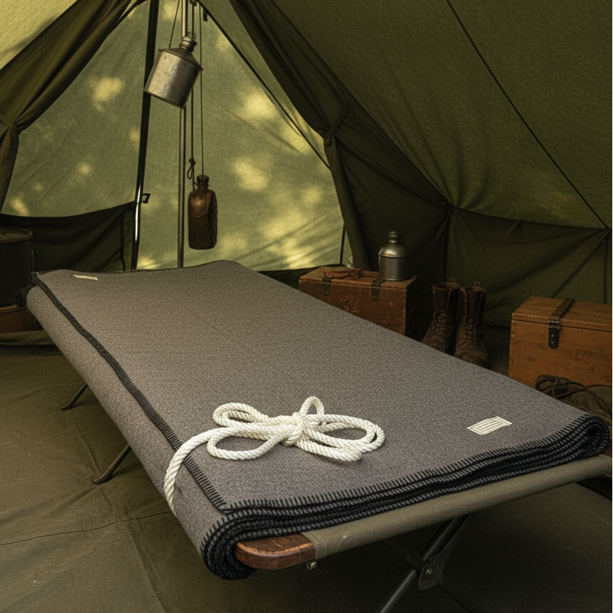 Camping cot with a gray blanket and rope in front of a green tent.