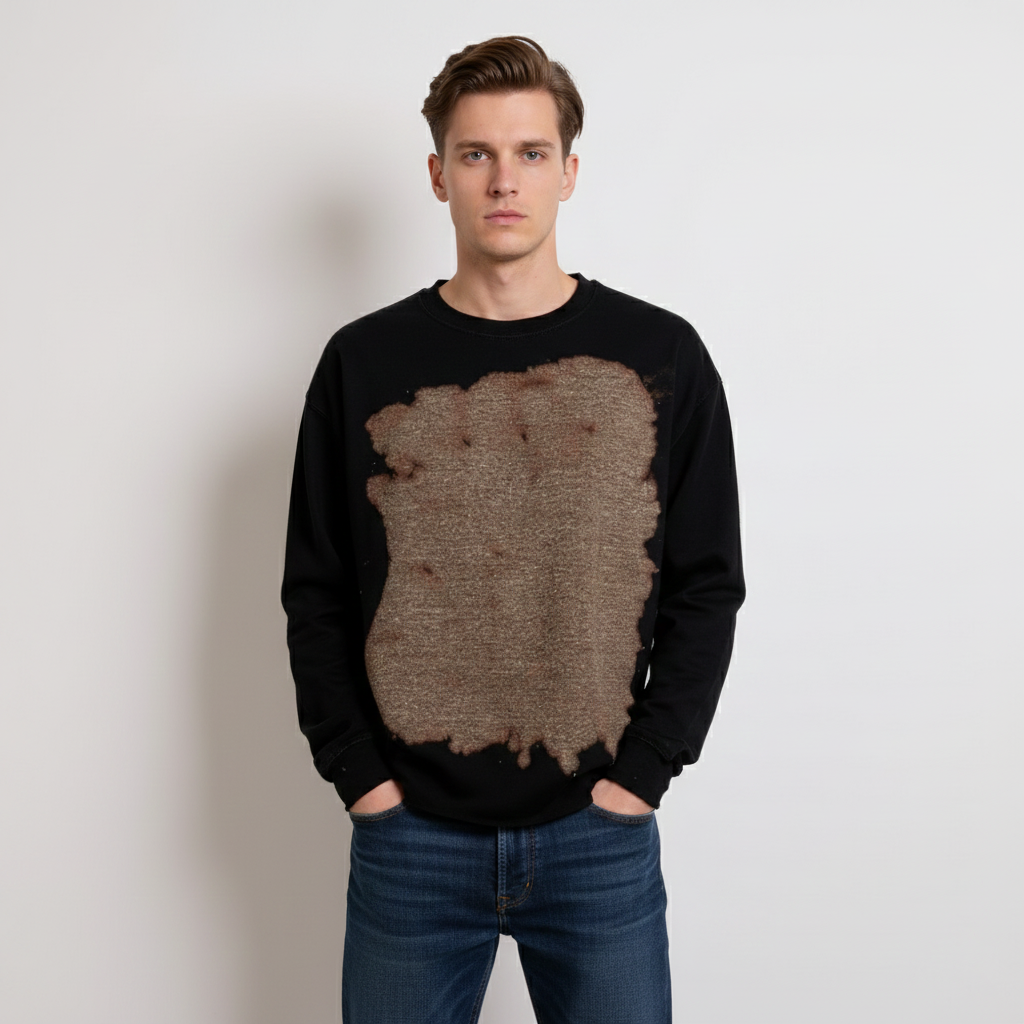 Fleece Bleach Wash Crewneck Sweatshirt Giza Black and Tan Tie Dye *Limited*