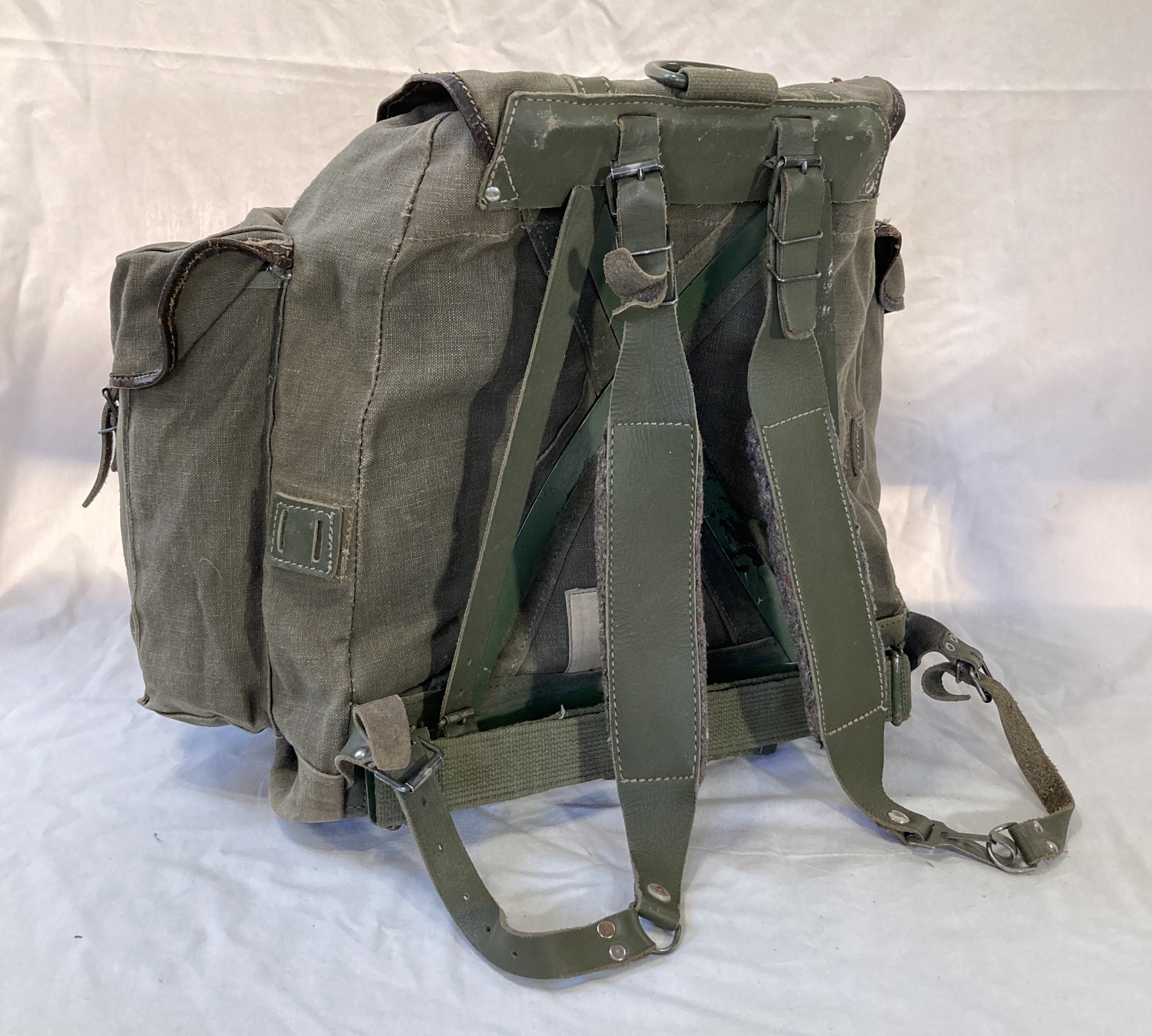 French Military Canvas Leather Rucksack with Metal Frame