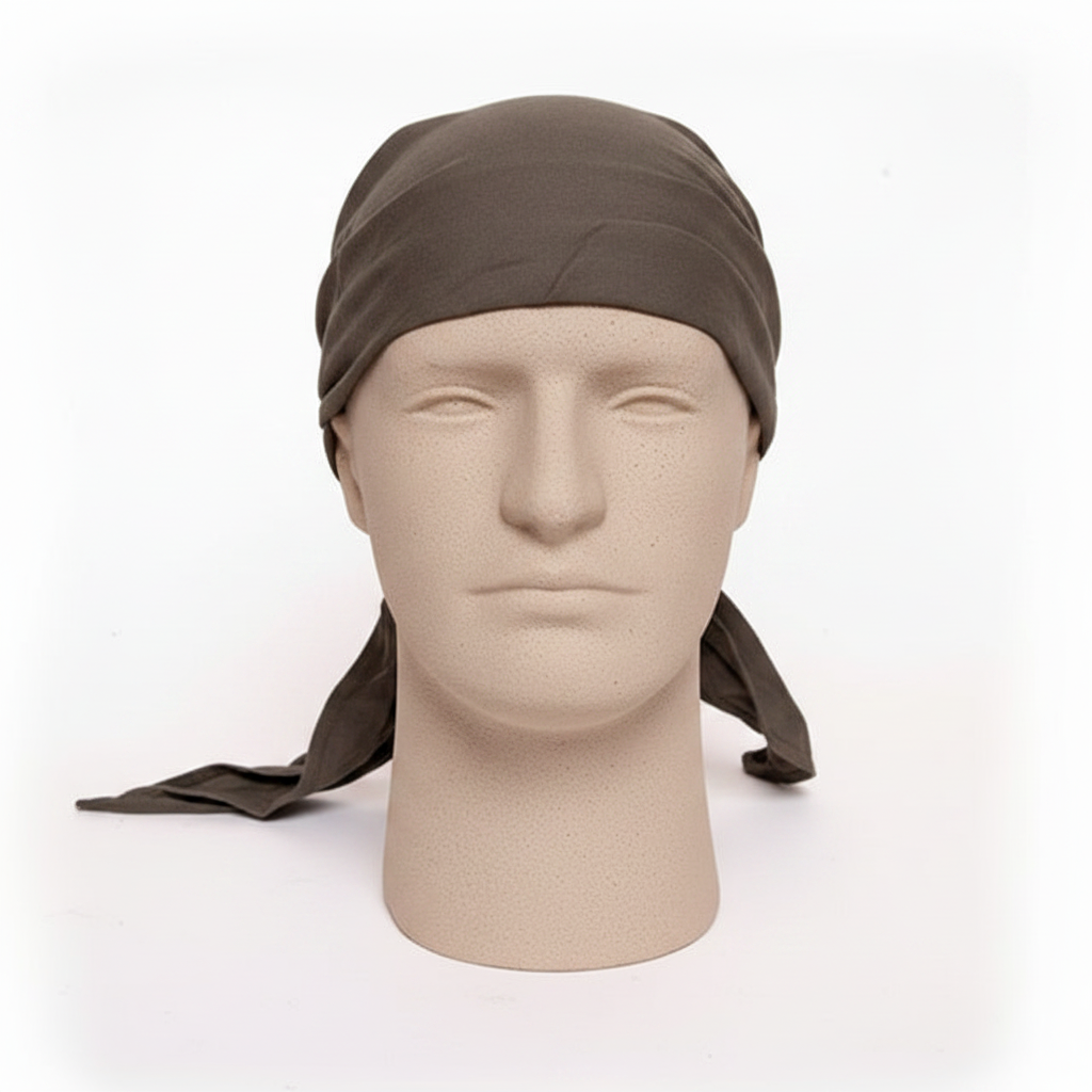 Brown headscarf on a mannequin head against a white background