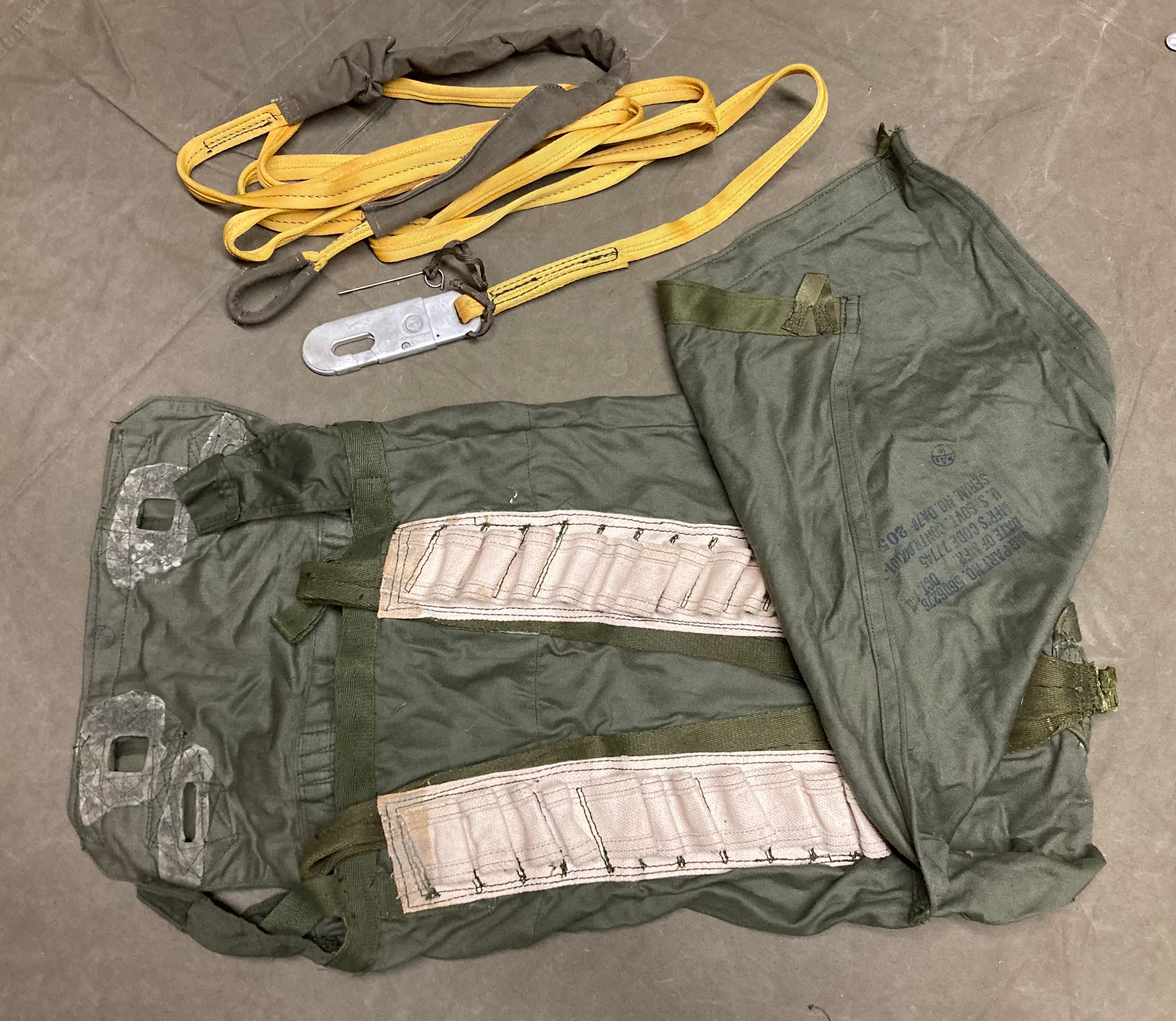 Vintage US Military Parachute Deployment Bag and Static Line and Hook